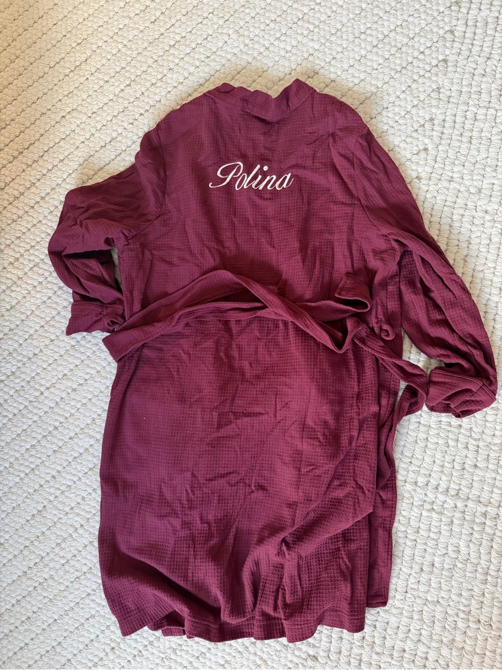 Amazon Essentials Burgundy Waffle-Knit Robe with Embroidery